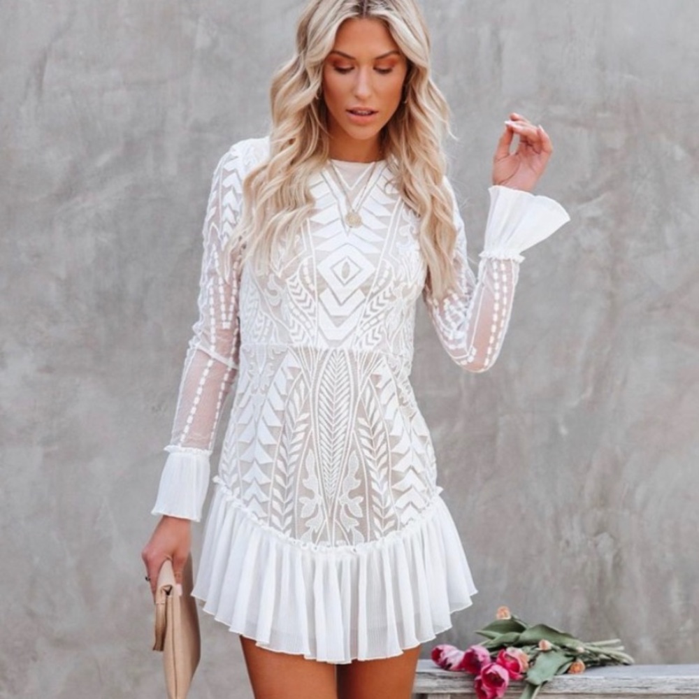 Vici White Lace Mini Dress with Sheer Sleeves